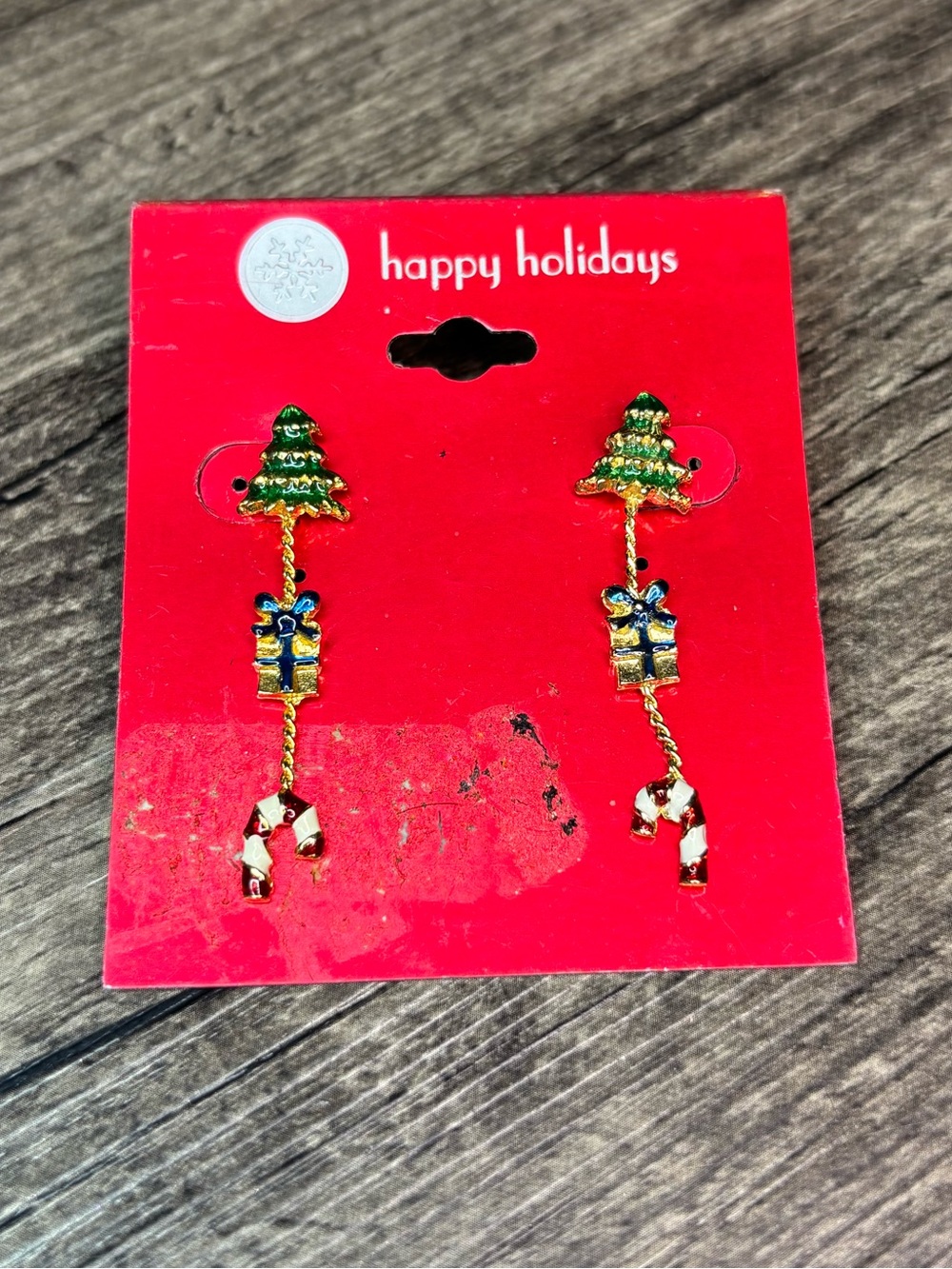 VTG Happy Holidays Dangle Earrings Christmas Tree, Gift & Candy Cane